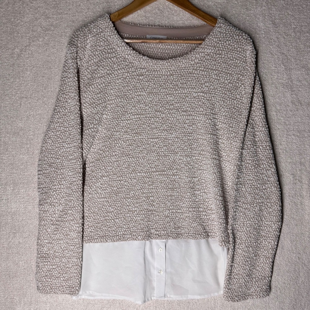 Calvin Klein Women's Boucle Knit Layered Look Sweater Shirt Hem Beige